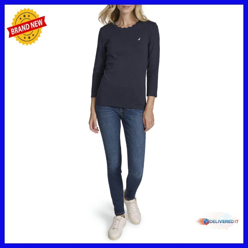 Cotton 3/4 Sleeve Scalloped Knit Top - Versatile Layering Essential